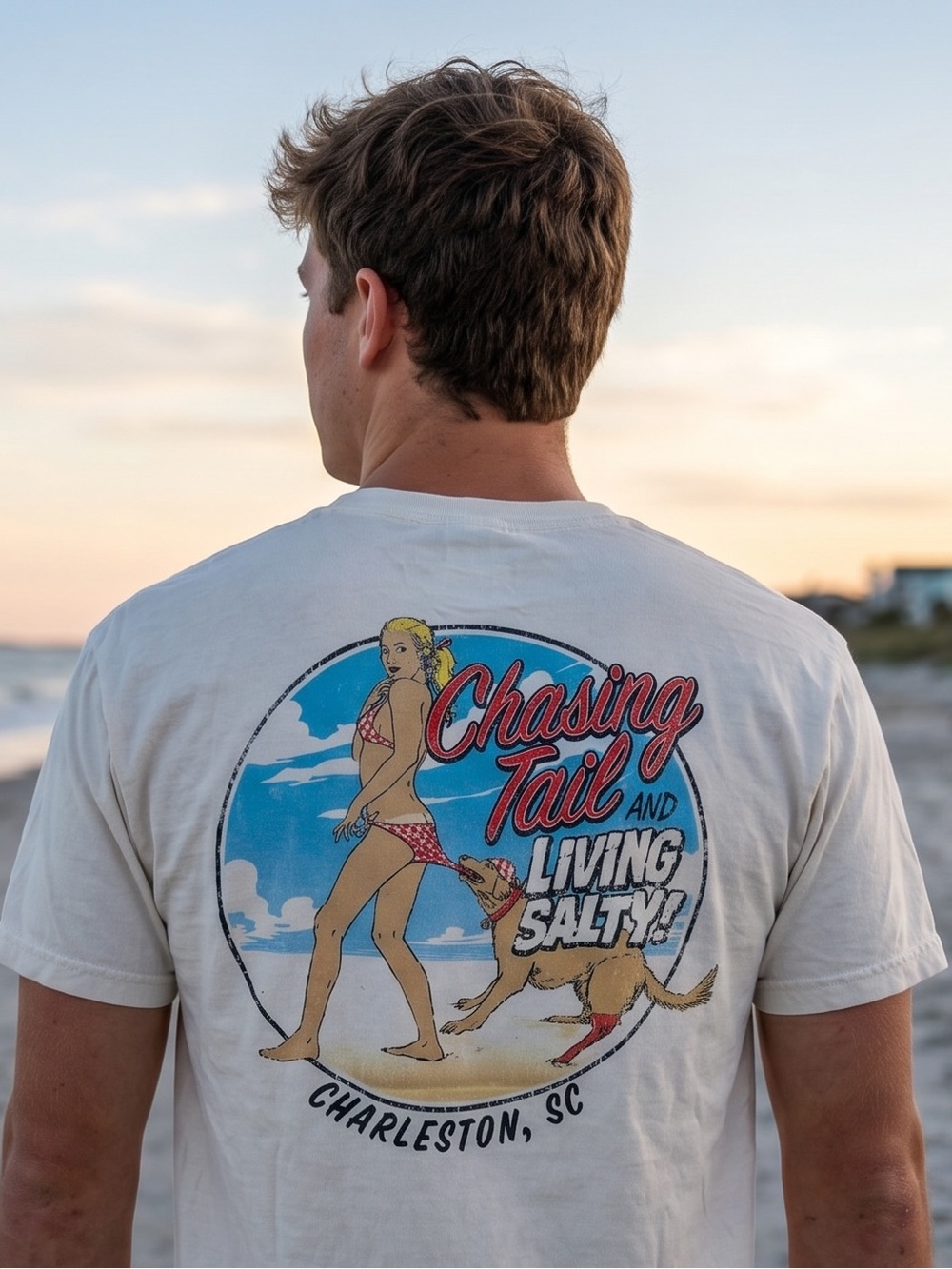 Charleston, SC Hanes White Graphic Tee T Shirt “Chasing Tail and Living Salty!”